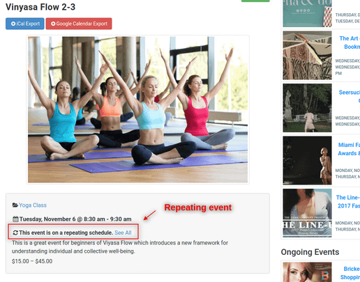 When recurring events are set up, WP Easy Events displays a link to all connected events.