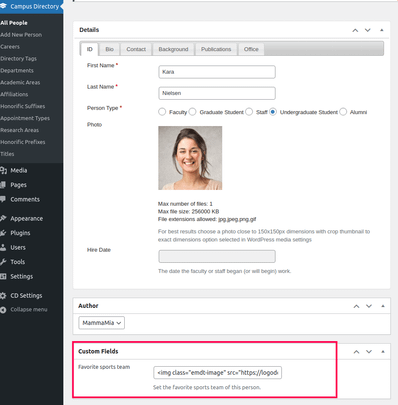 Campus Directory Pro WordPress plugin admin area allows editing of custom fields.