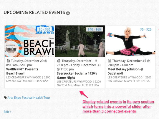 WP Easy Events Pro WordPress Plugin displays upcoming related events in event pages as a slider