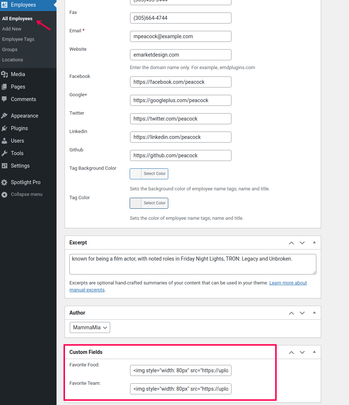 Employee Spotlight WordPress plugin lets you enter additional information about your employees using the admin employee editor.