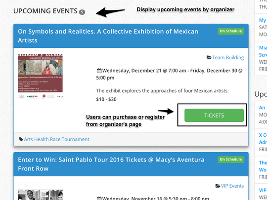 WP Easy Events Pro WordPress plugin allows event organizers host multiple events at the same time. Only upcoming organizer events are displayed 