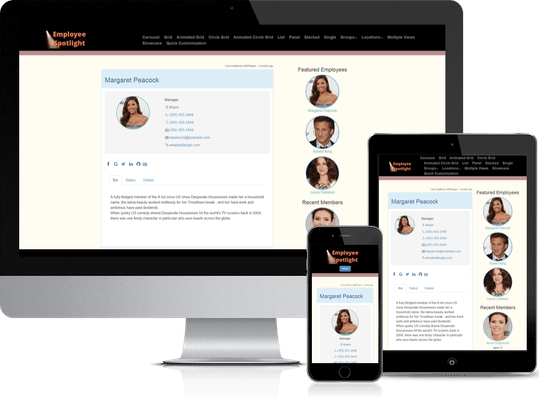 Employee Spotlight Pro WordPress plugin displays awesome looking team member profiles in any device.