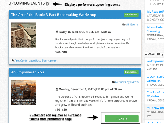 WP Easy Events Pro WordPress plugin offers ticket purchases or registration in performer pages