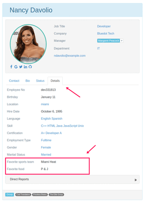All employee or event custom fields and taxonomies are displayed on the frontend of your website under the Details tab of employee or event pages.